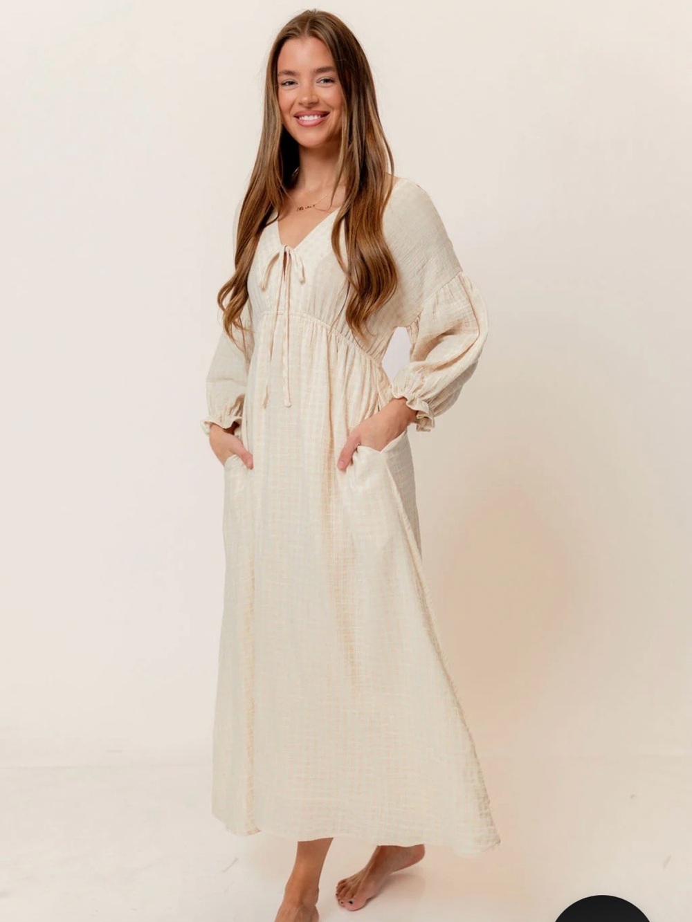 Light Cream Tie-Front Maxi Dress with Bishop Sleeves